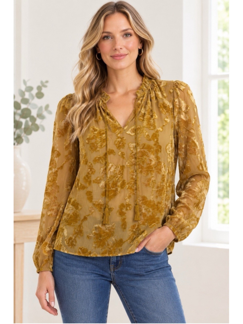 Marc New York Velvet Burnout Gold Floral Blouse Top M Peasant Boho Tassels Fall